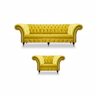 Gelbe Chesterfield Couchen Designer Wohnzimmer Sofagarnitur Sessel 3-er