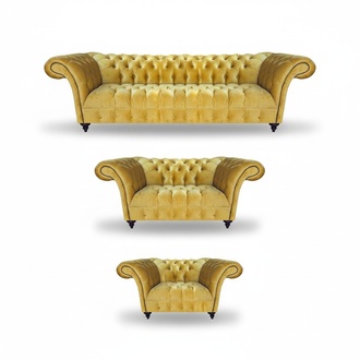 Gelbe Textilcouchen Chesterfield Sofas Designer Wohnzimmer Garnitur 3tlg