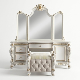 Geschnitzte Barock Möbel Schminktisch Hocker Spiegel Schlafzimmer Kommode 3tlg.