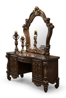 Geschnitzte Barock Möbel Schminktisch Hocker Spiegel Schlafzimmer Kommode 3tlg.