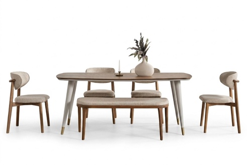 Glänzend 6tlg. Esszimmergarnitur Elegant Esstisch Beige 4x Stühle Hocker