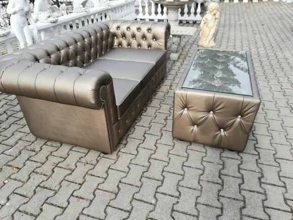 Design Chesterfield Sofagarnitur 3 + Couchtisch Couch Leder Polster Gold