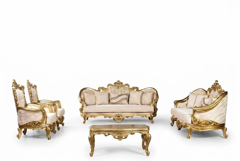 Goldene Sofagarnitur Couch Set 5tlg mit Couchtisch Chesterfield Barock