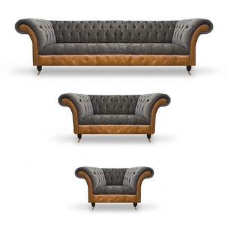 Grau-Braune Chesterfield Sitzgarnitur Polstersofas Textil Couchen 3tlg