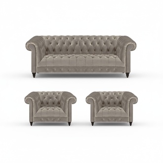 Grau Luxus Polstermöbel Sofa Dreisitze Couch 2x Sessel Wohnzimmer Chesterfield