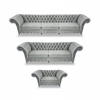 Grau Luxus Wohnzimmer Set 3tlg Textil Polstermöbel Designer Möbel Chesterfield