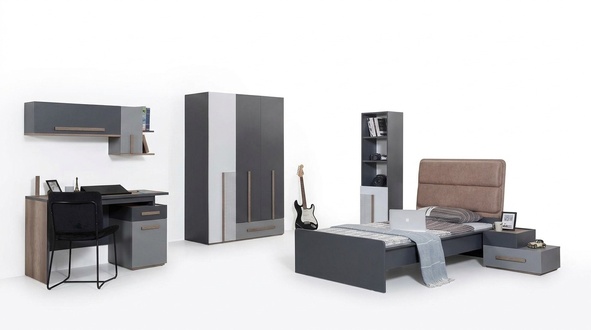 Graues Jugendzimmer Kleiderschrank Bücherregal Kinderzimmer Bett 5tlg