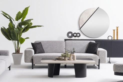 Graues Wohnzimmer Set aus Textil und Holz, modernes Design