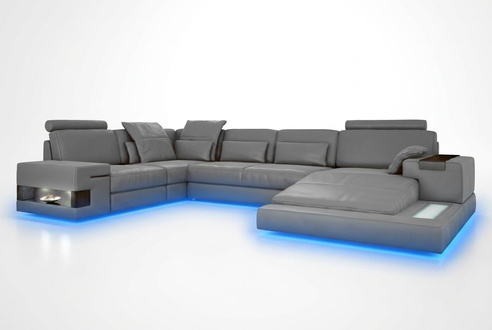 Großes Sofa Wohnlandschaft Ledersofa mit USB Design Sofa Couch Polster Ecksofa