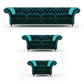 Grüne Chesterfield Textil Garnitur Wohnzimmer Designer Sofa Set 3tlg