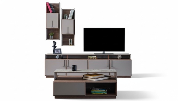 Gruppe Wohnzimmer TV Ständer Wandschränke Lowboard Grau Sofatisch 3tlg