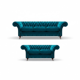 Hellblaue Wohnzimmer Textilsofas Designer Dreisitzer 2-Sitzer 2tlg Set