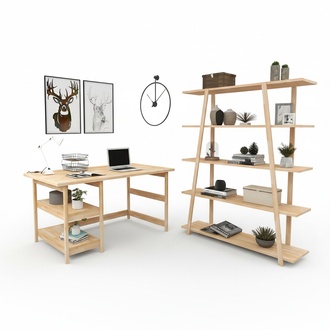 Hellbraune Arbeitszimmer Garnitur Designer Bürotisch Holz Bücherregal
