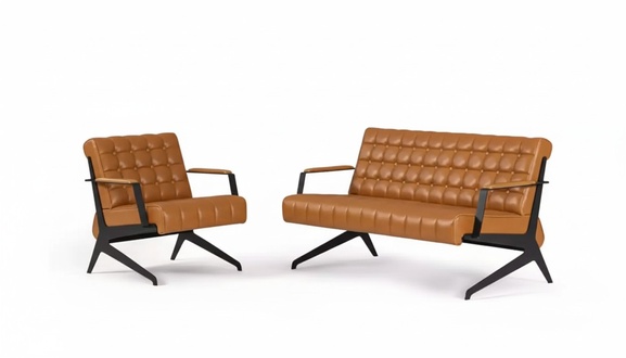 Hellbraune Arbeitszimmer Sitzgarnitur Zweisitzer Sessel Bürogarnitur 2+1