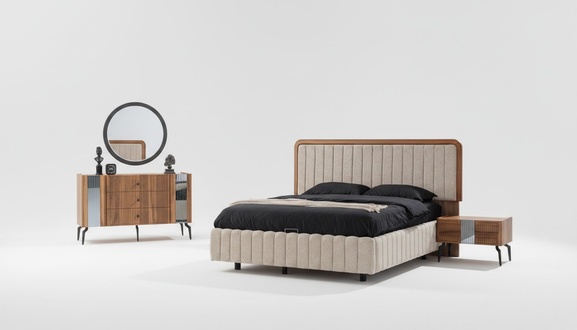 Helle Schlafzimmer Möbel Doppelbett Schminktisch Spiegel 2x Nachttische