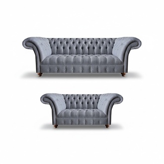 Hellgraue Chesterfield Polstercouchen Designer 3-Sitzer Zweisitzer 2tlg