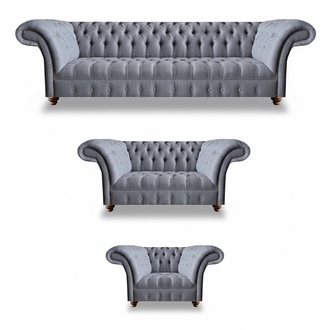 Hellgraue Chesterfield Polstergarnitur Designer Textil Sofas Sessel 3tlg