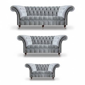 Hellgraue Chesterfield Textilsofas Designer Dreisitzer Sessel Sitzmöbel