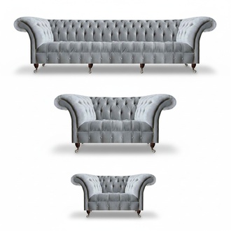 Hellgraue Wohnzimmer Chesterfield Sofas Sessel 2-Sitzer Viersitzer 3tlg