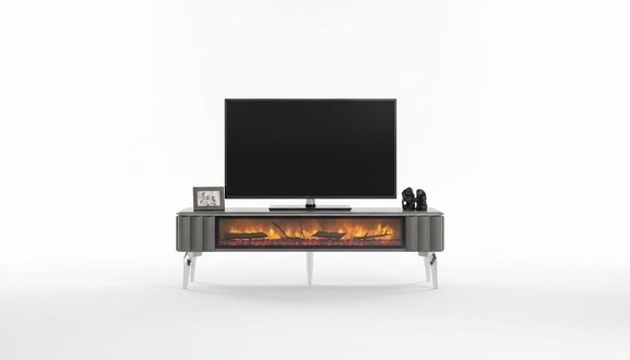 Hochwertiges TV-Sideboard Kamin MDF Metall grau Farbe neu Wohnzimmer