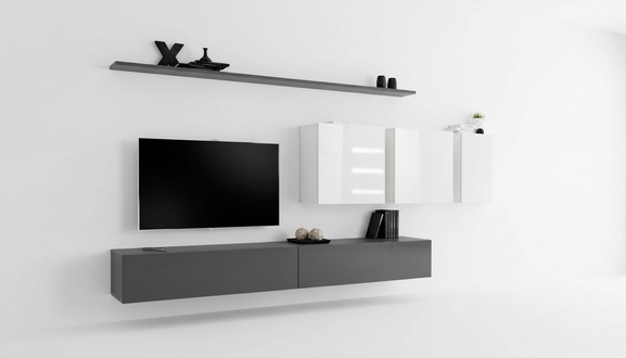 Holzmöbel Wohnwand Grau Designer TV-Ständer Hochglanz Sideboard Wandschrank