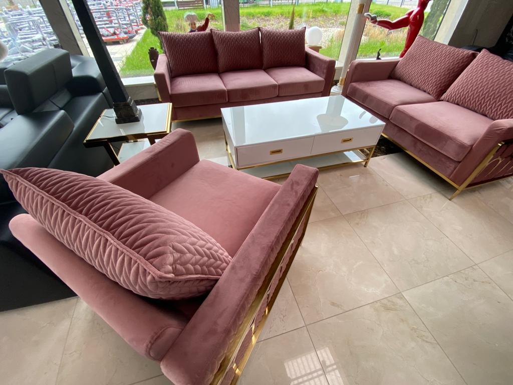Sofa Couch Samt Polster Sitz 3+2+1 Sitzer Garnitur Design Metall Sofas Sofort