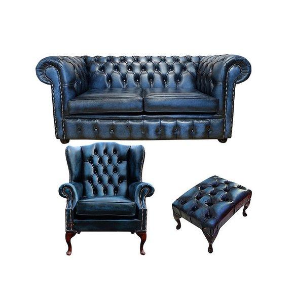 Chesterfield Couch Polster Sofas Klassischer 2 Sitzer +Ohrensessel +Hocker