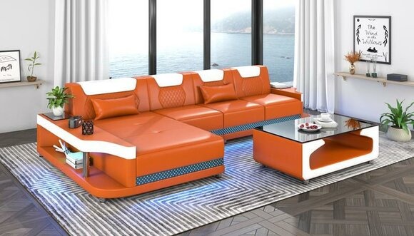 Design Eckcouch Ecksofa Wohnzimmer Möbel Lederpolster Sofa L Form + Couchtisch
