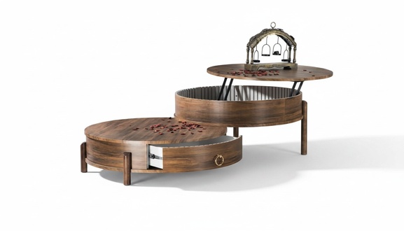 Kaffeetisch Set Couchtisch mit Schubladen Rund Holz Braun Original