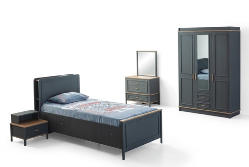 Kinderbett Kinderzimmer Kindermöbel Garnitur Bett Grau Holz Set 5tlg
