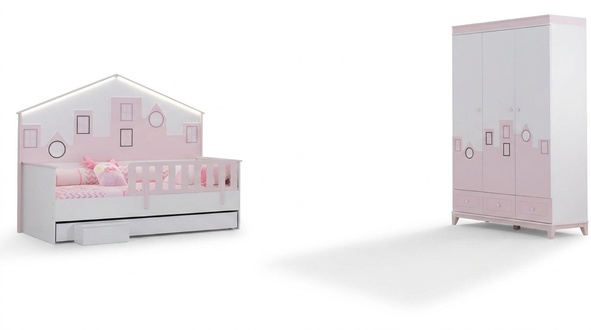 Kinderbett Rosa Kleiderschrank Jugendzimmer Kinderzimmer Möbel 2tlg Set Holz