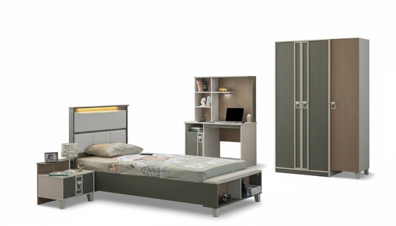 Kindermöbel Garnitur Kinderzimmer Bett Kinderbett Grau Holz Set 4tlg
