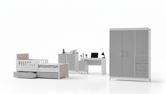 Kinderzimmer-Ensemble: Kommode, Kleiderschrank, Bett & Schreibtisch