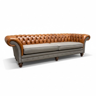 Klassische Chesterfield Couch 4 Sitzer Textil Sofa Leder Design Braun