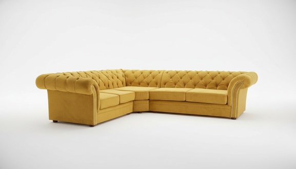 Klassische Chesterfield Couch Polster Eckgarnitur Gold Textil Stoff Ecke Sofas