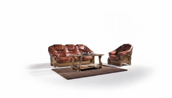 Klassische Sofagarnitur Couch Polster Sitz Garnitur Sofa Leder Holz 3+2+2 Set