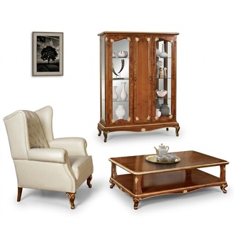 Klassische Vitrine Möbel Wohnzimmerset Schrank mit Couchtisch Vitrine Italien