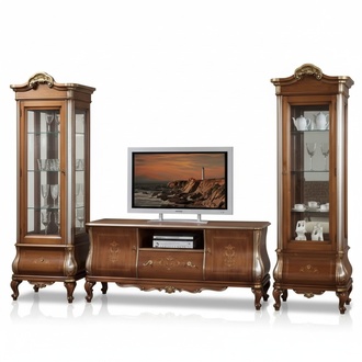 Klassische Wohnzimmerwand RTV 2x Vitrinen Massivholz Möbel TV-Regal Neu