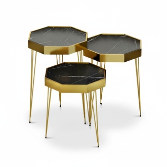 Set aus 3 Beistelltischen im Octagon-Design mit Goldbeinen und Marmoroptik