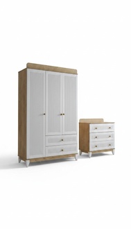 Kommode mit Kleiderschrank Holzmöbel Weiß Schlafzimmer Kinderzimmer 2tlg. Neu