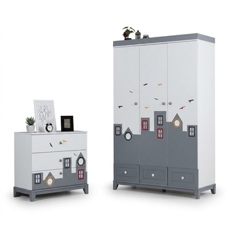 Komplett Mehrfarbig Kinderzimmer Set Kleiderschrank Kommode Helles 2tlg Neu