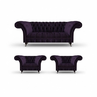 Komplett Set 3tlg Sofa Dreisitze Stoff Lila 2x Sessel Einrichtung Chesterfield