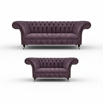 Komplette Chesterfield Lila Sitzgarnitur 2x Sofas Dreisitzer 2-Sitzer