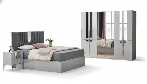 Komplette Doppelbett Nachttische Bett 4tlg Grau Schrank Schlafzimmer