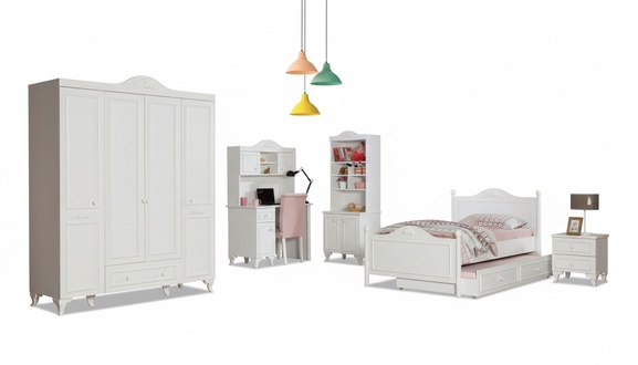 Landhaus Kinderzimmer Set Bett Nachttisch Schreibtisch Regal Schrank 5tlg.