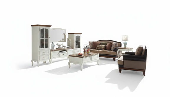Landhaus Stol Vitrine Wohnwand Wohnzimmer Sideboard rtv Holz Schrank Möbel 3tlg.