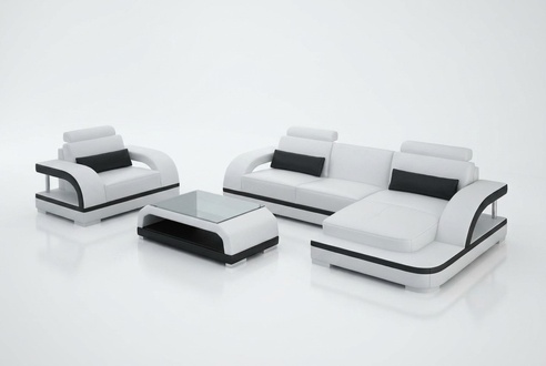 Ledersofa Couch Wohnlandschaft Ecksofa + 1Sitzer Garnitur Modern Sofa