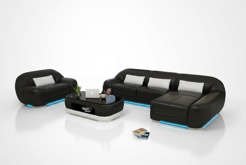 Ledersofa Couch Wohnlandschaft Ecksofa + Sessel Eck Garnitur Design Sofa mit USB