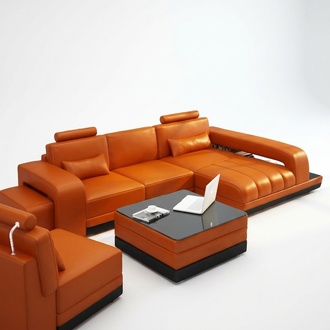 Ledersofa Couch Wohnlandschaft Ecksofa Eck Garnitur Design Sofa USB Orange Neu