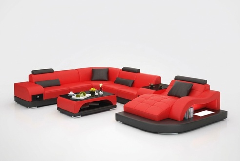 Ledersofa Couch Wohnlandschaft Ecksofa Eck Garnitur Design Modern Sofa +USB Rot